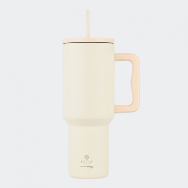 Estia 01-32128 Straw Tumbler XL Save the Aegean Ανακυκλώσιμο Handled Tumbler Θερμός Ανοξείδωτο BPA Free 900ml Lily White με Καλαμάκι και Λαβή*