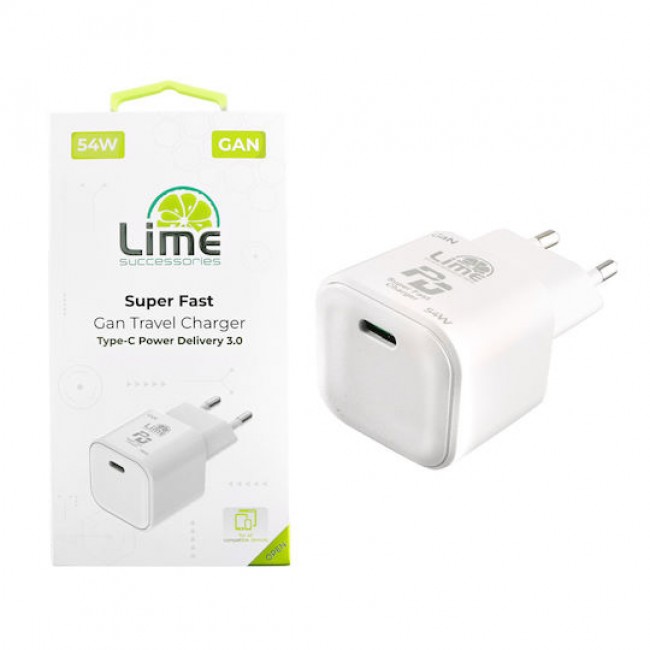 LIME TYPE C GAN PD 3.0 SUPER FAST TRAVEL LTC54W 54W 5V 4.0A/9V 4.0A/ 12V 3.5A/ 15V 3.33A/ 20V 2.7A WHITE*