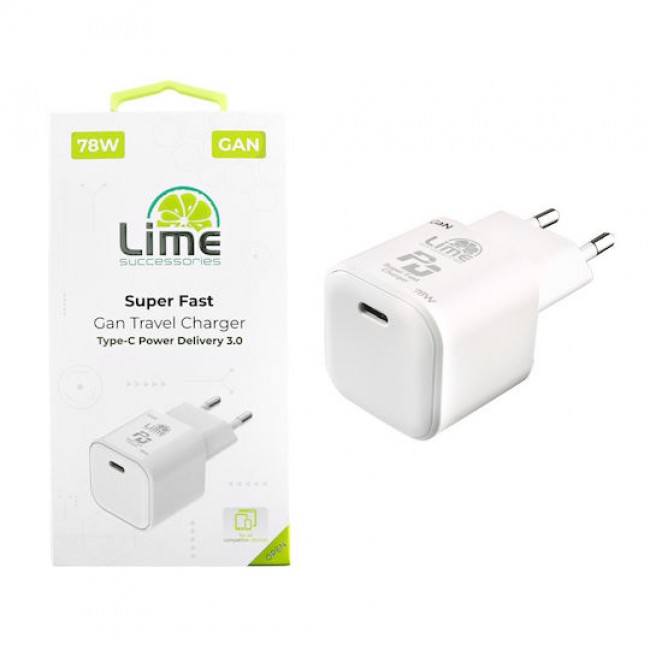 LIME TYPE C GAN PD 3.0 SUPER FAST TRAVEL LTC78W 78W 5V 4.0A /9V 4A/ 12V 4.0A/ 12V 4.0A/ 15V 4.0A/ 20V 3.9A WHITE*
