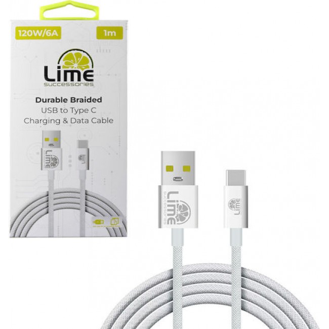 LIME USB-C TYPE C TO USB 6A ΦΟΡΤΙΣΗΣ-DATA DURABLE BRAIDED 1m LBUC01 120W WHITE*