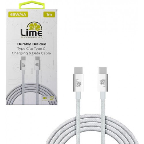LIME USB-C TYPE C TO USB-C TYPE C 4A ΦΟΡΤΙΣΗΣ-DATA DURABLE BRAIDED 1m LBCC01 68W WHITE*