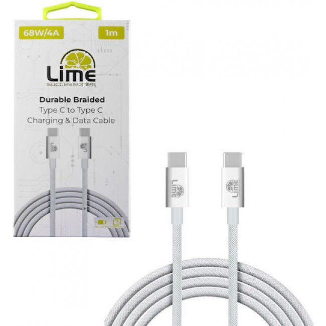 LIME USB-C TYPE C TO USB-C TYPE C 4A ΦΟΡΤΙΣΗΣ-DATA DURABLE BRAIDED 1m LBCC01 68W WHITE*