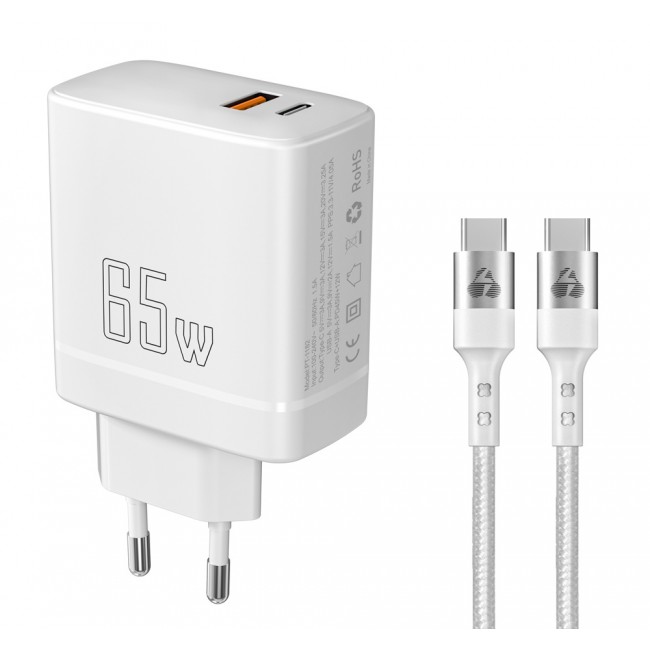 Powertech (PT-1182) Λευκός Φορτιστής GaN με Θύρα USB-A και Θύρα USB-C και Καλώδιο USB-C - USB-C 65W Quick Charge 2.0 / Quick Charge 3.0 *