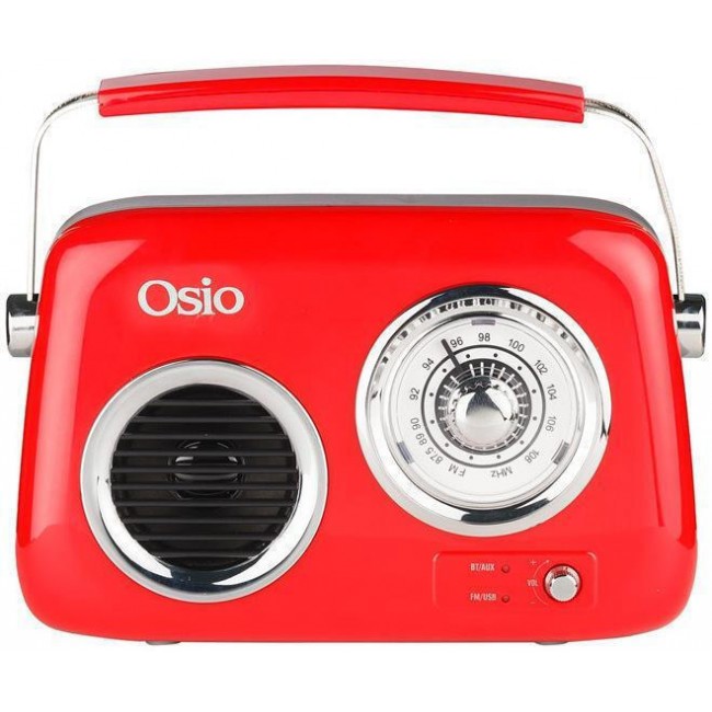 Osio OPR-3040R Κόκκινο Ρετρό φορητό αναλογικό ραδιόφωνο με Bluetooth, AUX, USB, FM και subwoofer – 24W *