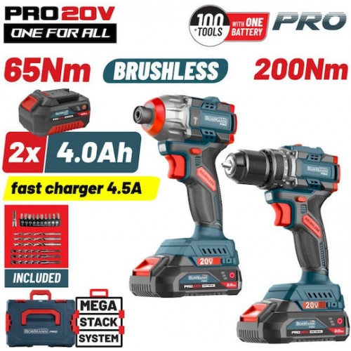 BORMANN Pro BBP5431X44T2CA Σετ Compact Brushless Κρουστικό Δραπαν/βιδο & Παλμικό Κατσαβίδι Bruhless *