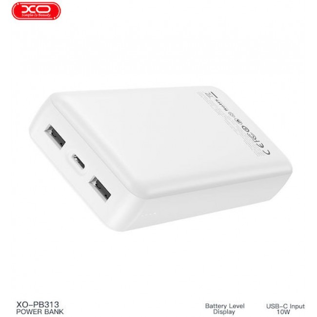 XO PB313 Power Bank 20000mAh με 2 Θύρες USB-A και Θύρα USB-C Λευκό