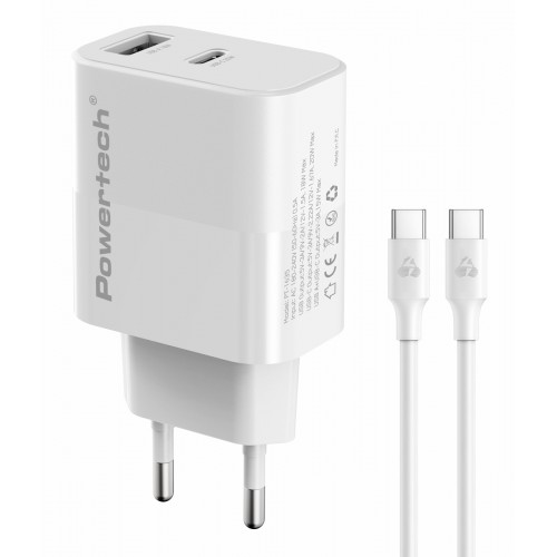 POWERTECH PT-1635 Φορτιστής Τοίχου 20W PD & QC 3.0 USB-A/USB-C με Καλώδιο USB-C Λευκός