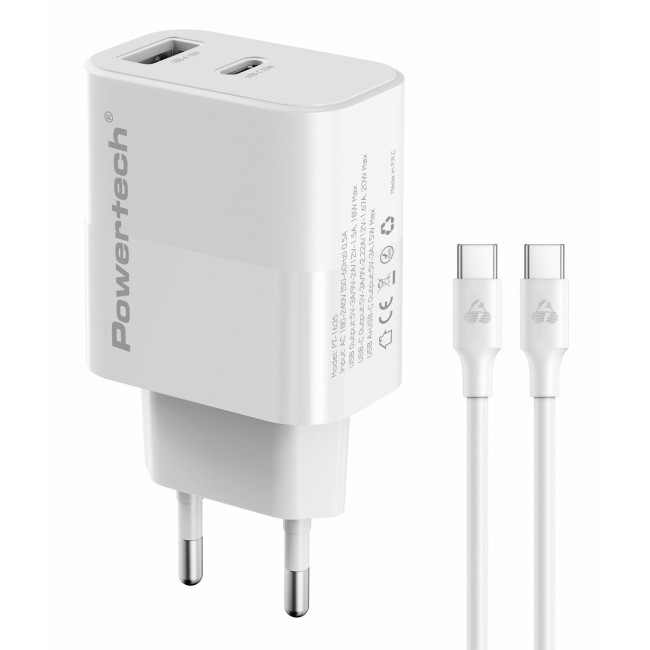POWERTECH PT-1635 Φορτιστής Τοίχου 20W PD & QC 3.0 USB-A/USB-C με Καλώδιο USB-C Λευκός POWERTECH PT-1635 Φορτιστής Τοίχου 20W PD & QC 3.0 USB-A/USB-C με Καλώδιο USB-C Λευκός