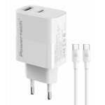 POWERTECH PT-1636 GaN3 Φορτιστής Τοίχου 30W PD & QC 3.0 USB-A/USB-C με Καλώδιο USB-C Λευκός **