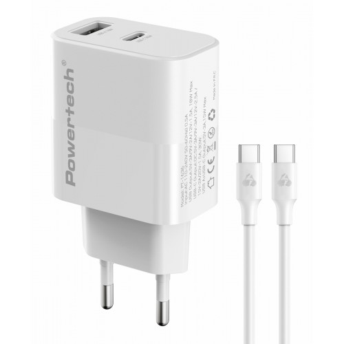POWERTECH PT-1636 GaN3 Φορτιστής Τοίχου 30W PD & QC 3.0 USB-A/USB-C με Καλώδιο USB-C Λευκός **