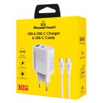 POWERTECH PT-1636 GaN3 Φορτιστής Τοίχου 30W PD & QC 3.0 USB-A/USB-C με Καλώδιο USB-C Λευκός **