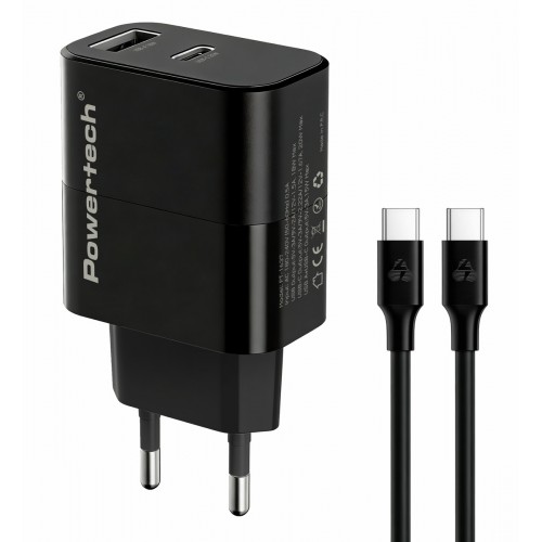 POWERTECH PT-1637 Φορτιστής Τοίχου 20W PD & QC 3.0 USB-A/USB-C με Καλώδιο USB-C Μαύρος