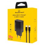 POWERTECH PT-1637 Φορτιστής Τοίχου 20W PD & QC 3.0 USB-A/USB-C με Καλώδιο USB-C Μαύρος POWERTECH PT-1637 Φορτιστής Τοίχου 20W PD & QC 3.0 USB-A/USB-C με Καλώδιο USB-C Μαύρος