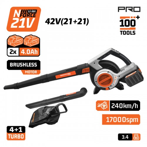 NAKAYAMA Pro EC1715X44 Φυσητήρας Απορροφητήρας Μπαταρίας 42V,Brushless,2x4Ah,5 Ταχύτητες,288km/h