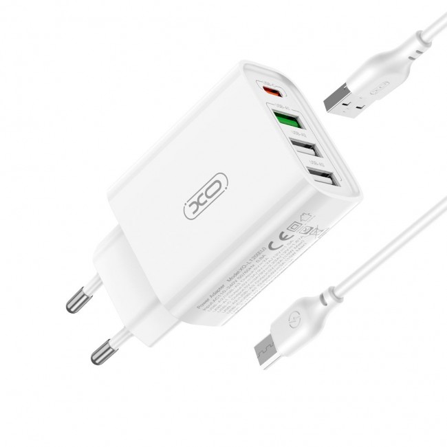 XO L120 NB189A Φορτιστής GaN με 3 Θύρες USB-A και Θύρα USB-C και Καλώδιο micro USB 20W Quick Charge 3.0 Λευκός (16.006.0270)